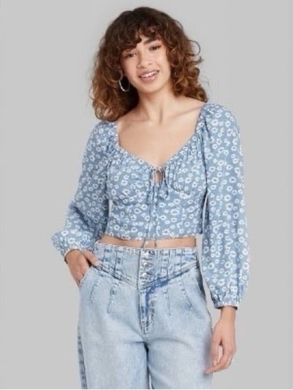 Wild Fable Blue and White Daisy Floral Cropped Blouse